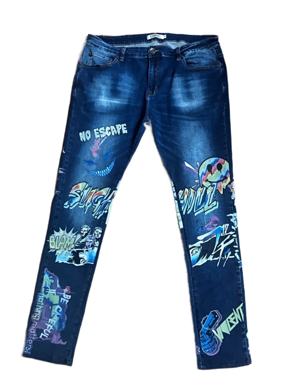 Sugarhill ~ Men’s 40/33 ~ Trippy Aliens ~ Blue W/ Multi-Colors Denim Jeans
